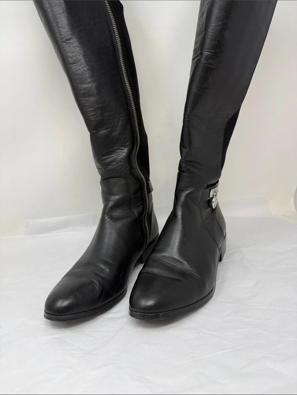 Michael Michael Kors Hamilton Black Leather Tall Riding Boots MK Logo Lock 7